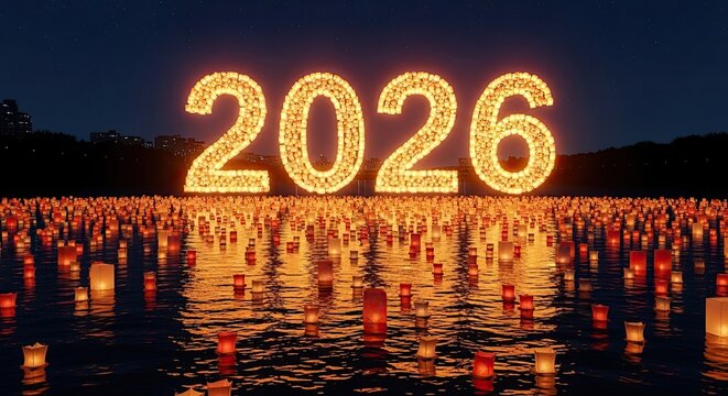 Glowing 2026 Numbers Above Floating Lanterns on Water