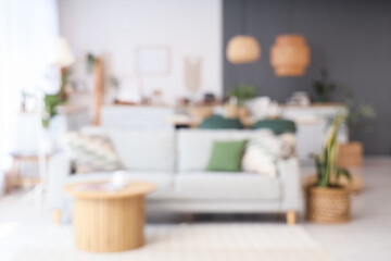 Blurred view of dining room with table and sofa