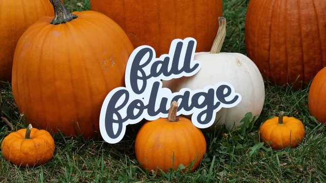 Person sets the wording Fall Foliage on a Pile of Pumpkins at a Pumpkin Patch 4K Video Stock Footage