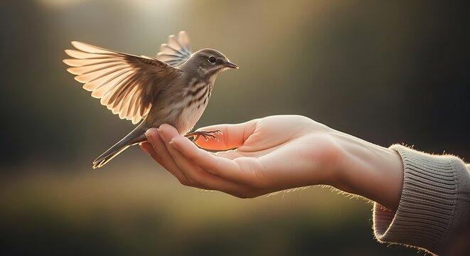 A small bird perched on a person's open hand, wings slightly raised, in soft, warm lighting.