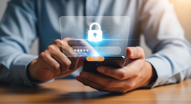 User logs in on smartphone with security icon