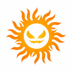 Vector illustration of a stylized sun with sharp flame-like rays and a mischievous, sinister face in the center