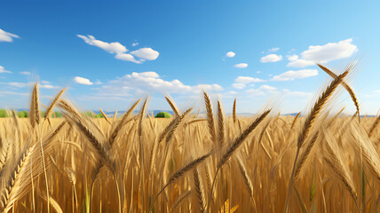 Golden wheat field under a blue sky with fluffy white clouds during a sunny day