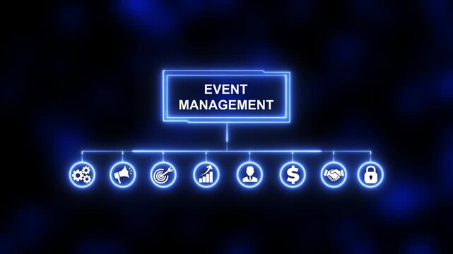 Event Management, Hologram Futuristic Interface, Augmented Virtual Reality. Business technology virtual screen background. performance metrics, and business insights from large data sets.