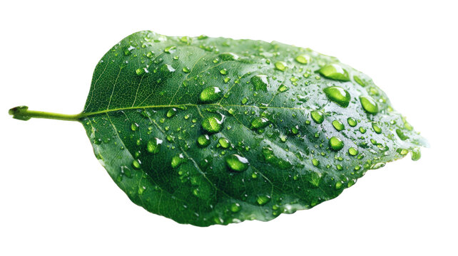 green leaf with drops of water on White background