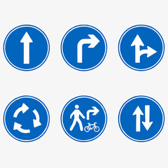 Flat Vector Icon Set of 6 Mandatory Direction Signs. Blue Circle White Arrow Road Rules Collection.