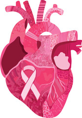 Pink Heart Awareness Ribbon – Flat Vector Cardiology Symbol