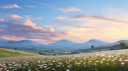 Rolling hills covered in wildflowers under a pastel sky at sunset with mountains in distance