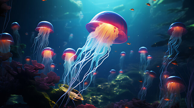 A vibrant underwater scene featuring a group of jellyfish gracefully swimming in the ocean
