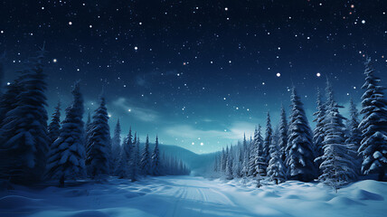 Winter wonderland scene with snowcovered trees and a starry night sky landscape