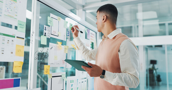 Man, sticky note and glass wall for app development, tablet and documents with review for charts. Person, board and planning for brainstorming, software innovation and ux design at digital agency - Powered by Adobe