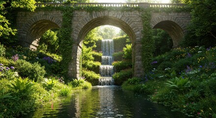 Lush green landscaping surrounds a picturesque stone arch bridge with cascading water features