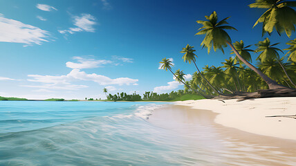 Idyllic tropical beach with turquoise water, white sand, and swaying palm trees under blue sky