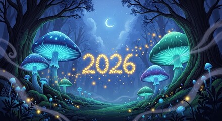 Enchanting Forest Glows with Magical Mushrooms and Year 2026 Sparkle