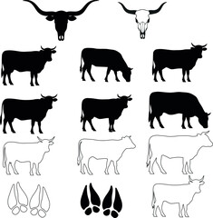 Collection of silhouette and outline illustrations of cattle, including longhorn skulls, cows grazing, and hoof prints, isolated on white backgrounds for easy use in design projects. this set provides