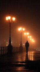 Silhouette of a Person Walking Through Fog Under Warm Streetlamps