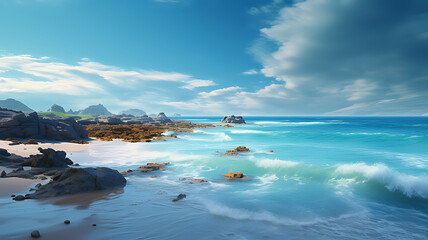 A rocky beach with turquoise water and dramatic clouds creating a picturesque seascape view