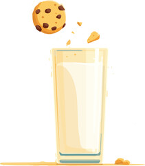 llustration of a Glass of Milk with Cookie in Minimalist Style