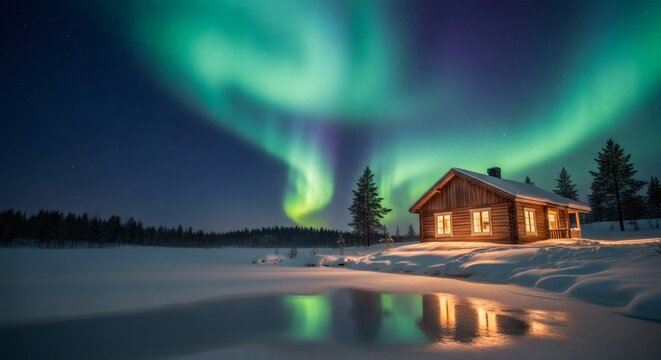 Cozy wooden cabin illuminated at night under the vibrant green aurora borealis dancing in the starry sky