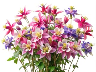 Vibrant columbine flower bush in full bloom isolated on white