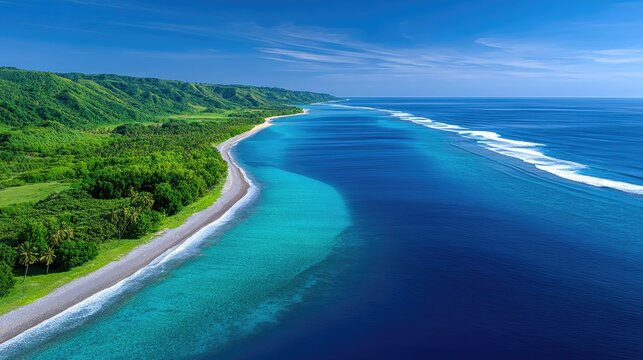 Aerial View Of A Lush Tropical Coastline With Vibrant Turquoise Water And Coral Reefs Under A Clear Blue Sky