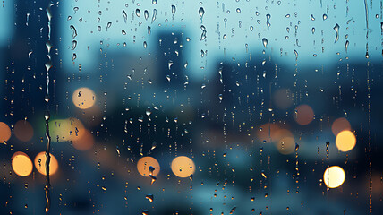 Raindrops on a window with blurred city lights in the background at night