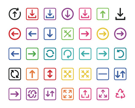 Colorful Arrow Icon Set. Vibrant collection of 35 direction and navigation symbols, perfect for infographics, presentation slides, marketing, and modern digital interface icon for upload, download etc