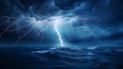 Dramatic dark blue sea with lightning strikes during a storm at night, creating an awe