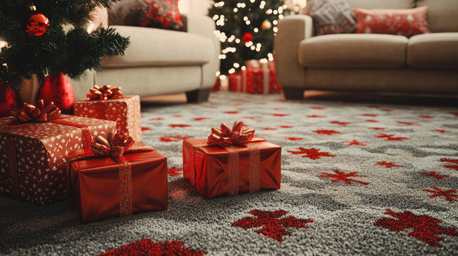 christmas day, christmas morning or early evening, fictional, christmas presents on carpet in living room, sofa couch, christmas tree - Powered by Adobe