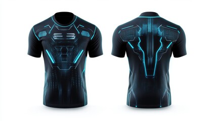 futuristic augmented reality-themed sports jersey, featuring digital HUD elements, floating interface details,