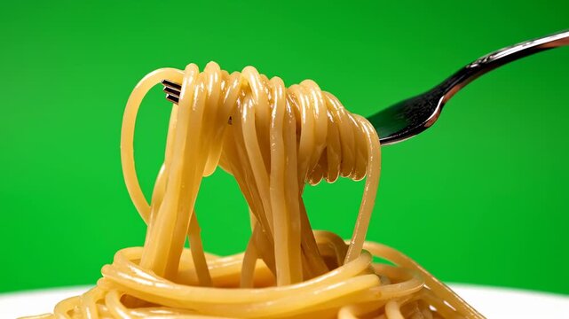 Close-up of a fork twirling spaghetti pasta against a vibrant green screen background.