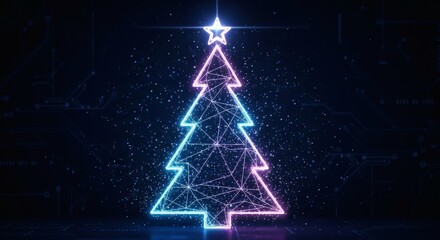 Abstract glowing neon christmas tree made of geometric lines and particles on a dark futuristic background