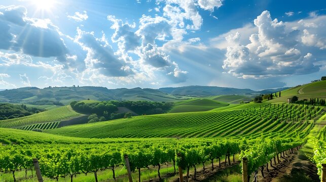 Panoramic View of Lush Green Hills and Expansive Vine Covered Slopes Stretching Toward a Far Horizon Under a Bright Blue Sky With Soft Clouds and Gentle Rolling Terrain vineyard in tuscany - Powered by Adobe