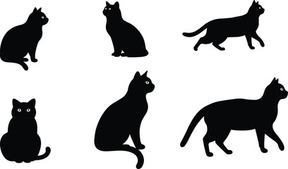 PrintBlack cat silhouettes collection, sitting and walking poses, vector illustration, domestic feline animal design, cute pet artwork, minimalist style