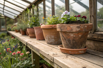 Rustic Greenhouse with Potted Flowers on Wooden Shelves in Natural Light