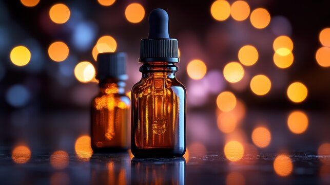 Amber glass dropper bottles on a dark surface, bokeh lights