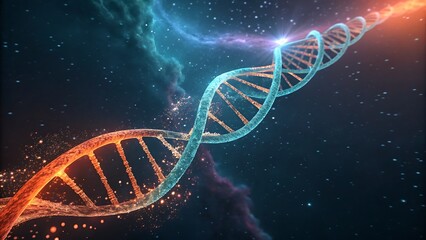 A mesmerizing 3d rendering showcases a vibrant dna double helix against a backdrop of cosmic nebula, symbolizing genetics, science, and the universe