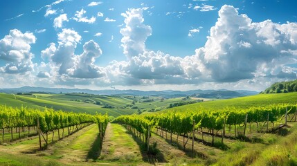 Serene Panoramic Scene of Lush Green Hills Enveloped by Expansive Vine Plantations, Rolling Slopes, Rich Foliage Patterns and Soft Light Creating a Tranquil Nature Panorama vineyard in the background