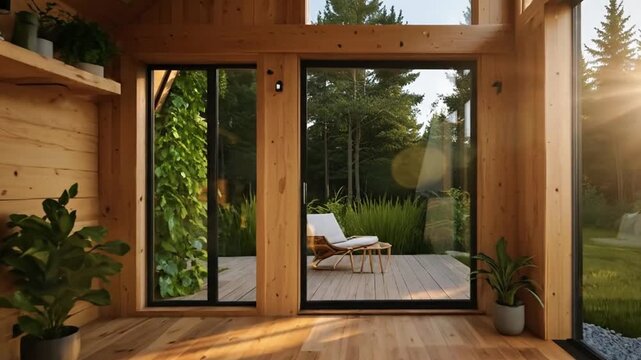 A minimalist tiny house surrounded by abundant natural greenery