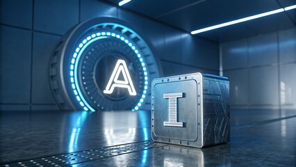 A futuristic scene showcases the concept of artificial intelligence with a glowing a symbol and a metallic cube marked with an i, set in a modern, techinspired space