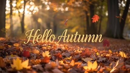 Hello Autumn message among falling leaves in a vibrant golden forest