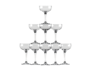 A 3D champagne tower (stacked coupe glasses), empty, isolated on transparent background, PNG