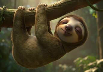 Content sleepy cartoon sloth happily hanging from a branch with closed eyes in a sun-dappled rainforest