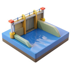 3d hydroelectric dam model with water flow isolated on transparent background