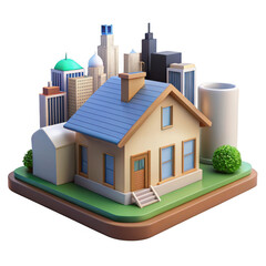 3d suburban house with cityscape background isolated on transparent background