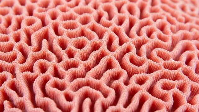 Close up macro texture of pink brain coral underwater showing natural maze pattern structure and marine surface details for background or design