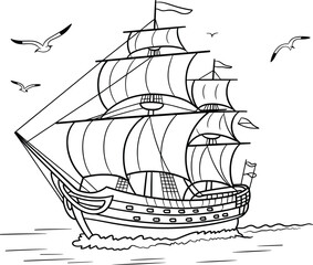 Historic sailing ship illustration, nautical line art, ocean voyage sketch, maritime vessel drawing, black and white clipart, vintage sea travel icon