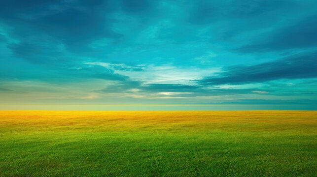 Beautiful serene landscape with vibrant green grass fields under dramatic cloudy sky reflecting hues of blue and orange at dusk or dawn