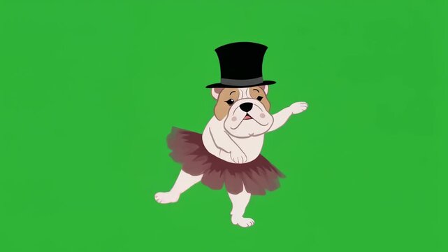 Bulldog in Top Hat and Tutu Dancing on Green Screen Background