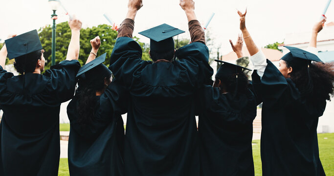 Back, university and people with graduation, students and academic achievement with ceremony. Campus, college diploma or group with success, education goals or excited with certificate or celebration